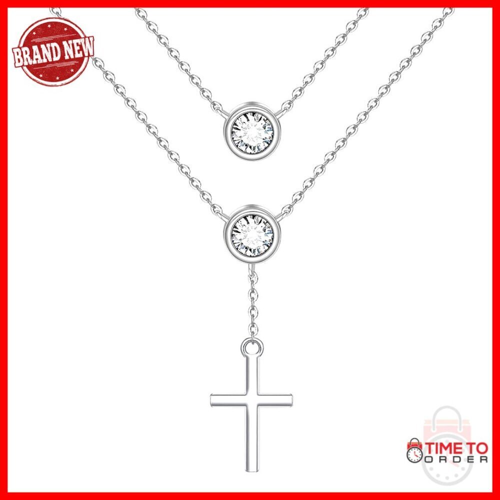 Sterling Silver Layered Cross Necklace 18+20 Inch Adjustable Lariat Pendant